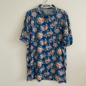 1764 Blue with Pink Floral print Golf Polo Shirt Short Sleeve